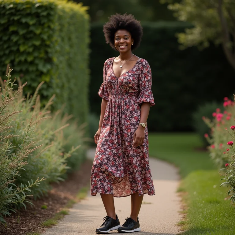 Look romântico com vestido floral e tênis preto