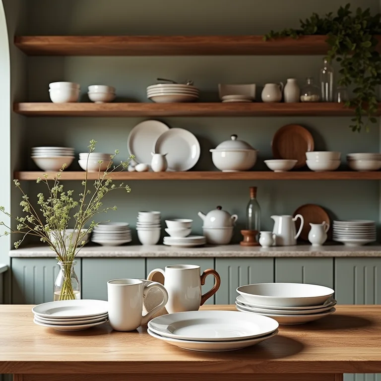 Louças e utensílios à vista como decoração na sala de jantar