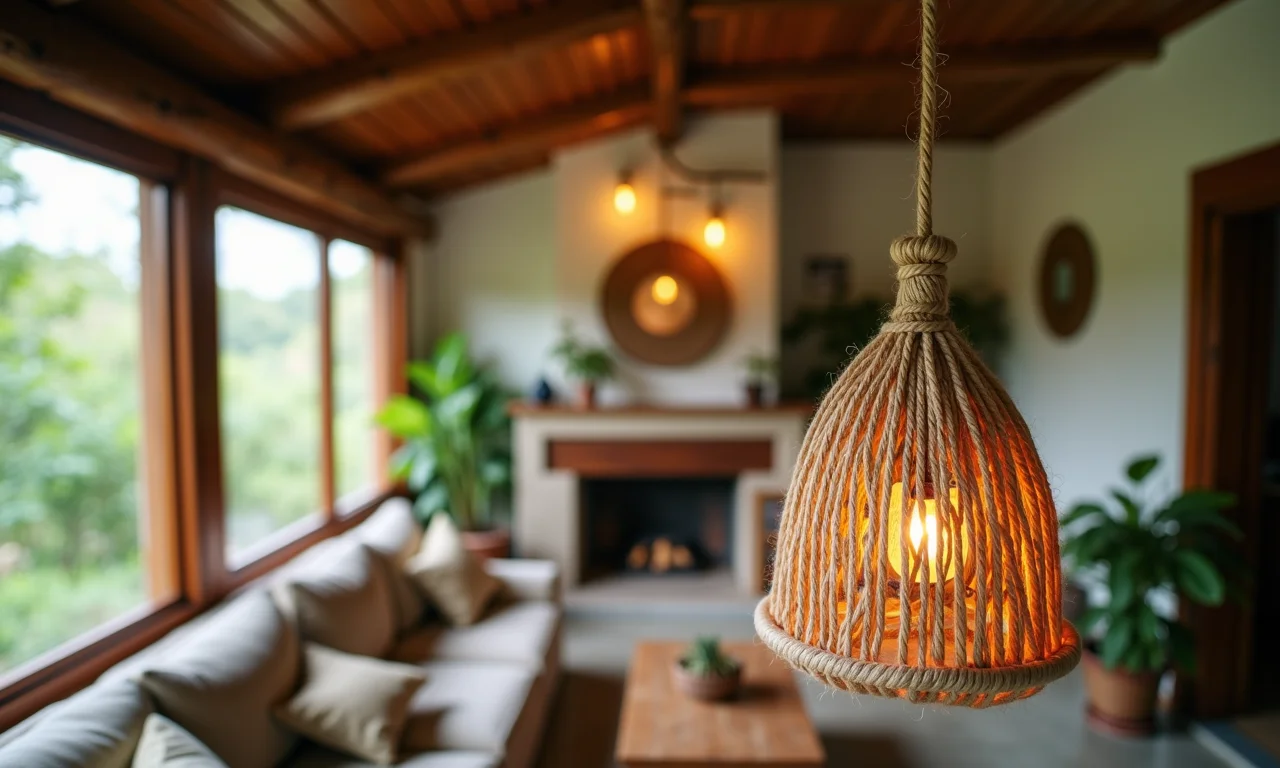 Luminária artesanal encapada com corda de sisal pendurada na sala de estar.