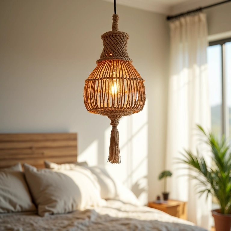 Luminária de corda de sisal em quarto boêmio brasileiro.