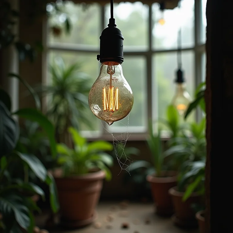 Luminária suja e sem manutenção em jardim de inverno