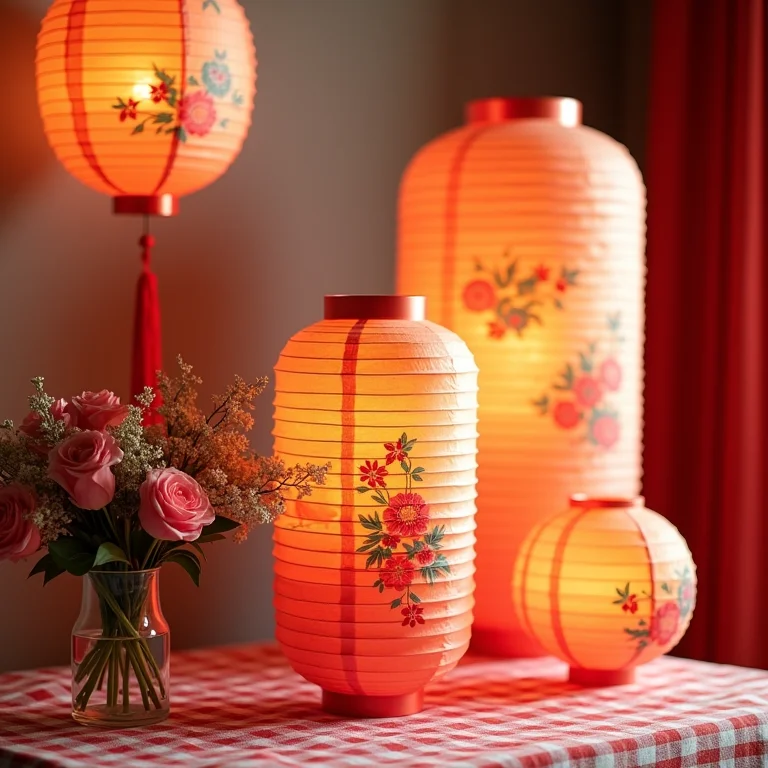 Luminárias de papel com desenhos juninos e mesa decorada