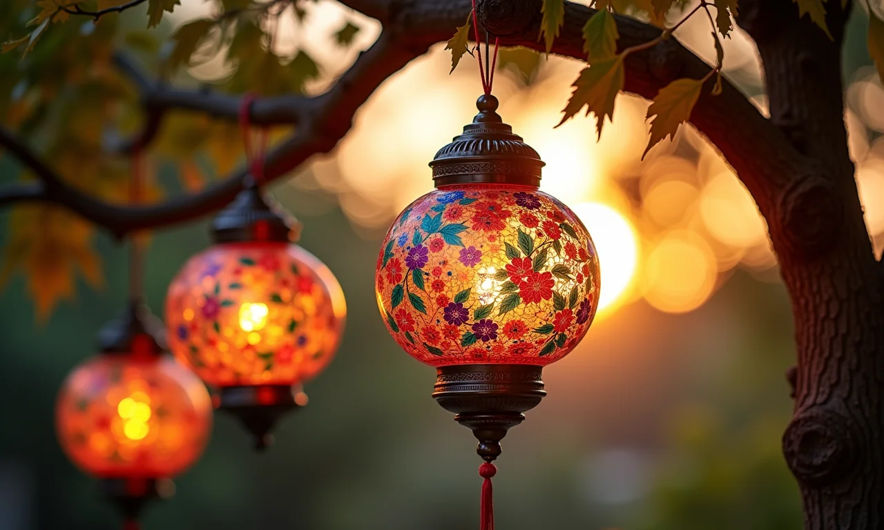 Luminárias de vidro decoradas iluminando uma festa junina.
