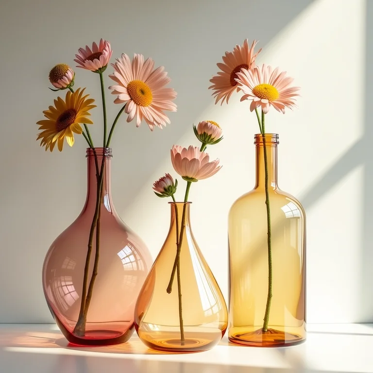 Luminárias e vasos elegantes feitos de garrafas de vidro