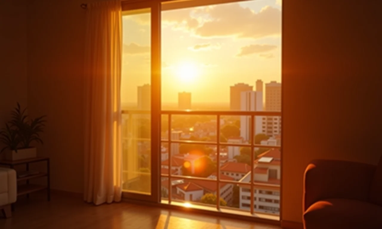 Luz dourada da golden hour entrando pela janela em um ambiente acolhedor.