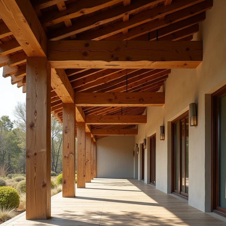 Madeira de lei resistente e durável em estrutura de varanda.
