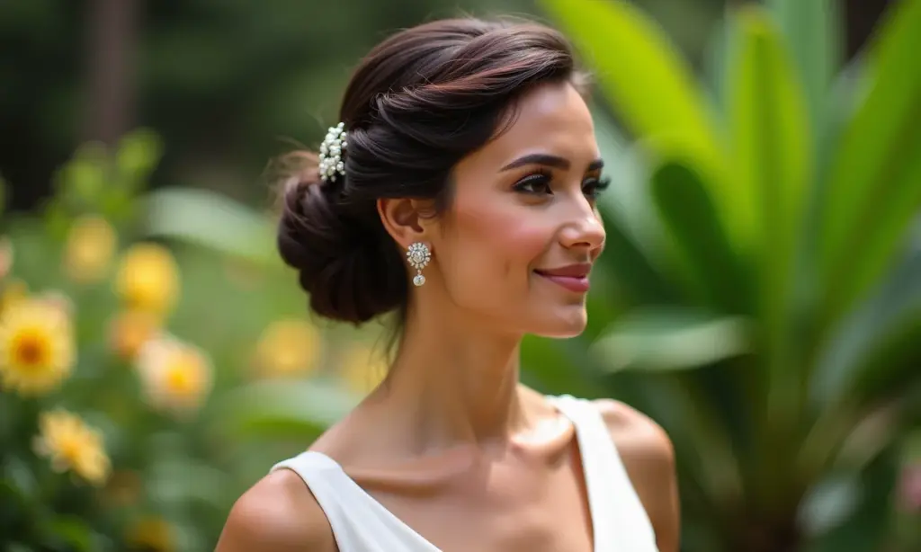 Penteados de Madrinha: Inspirações Lindas para Todos os Estilos e Comprimentos de Cabelo Madrinha de casamento com penteado elegante e maquiagem natural em um jardim vibrante.