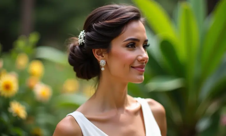Madrinha de casamento com penteado elegante e maquiagem natural em um jardim vibrante.