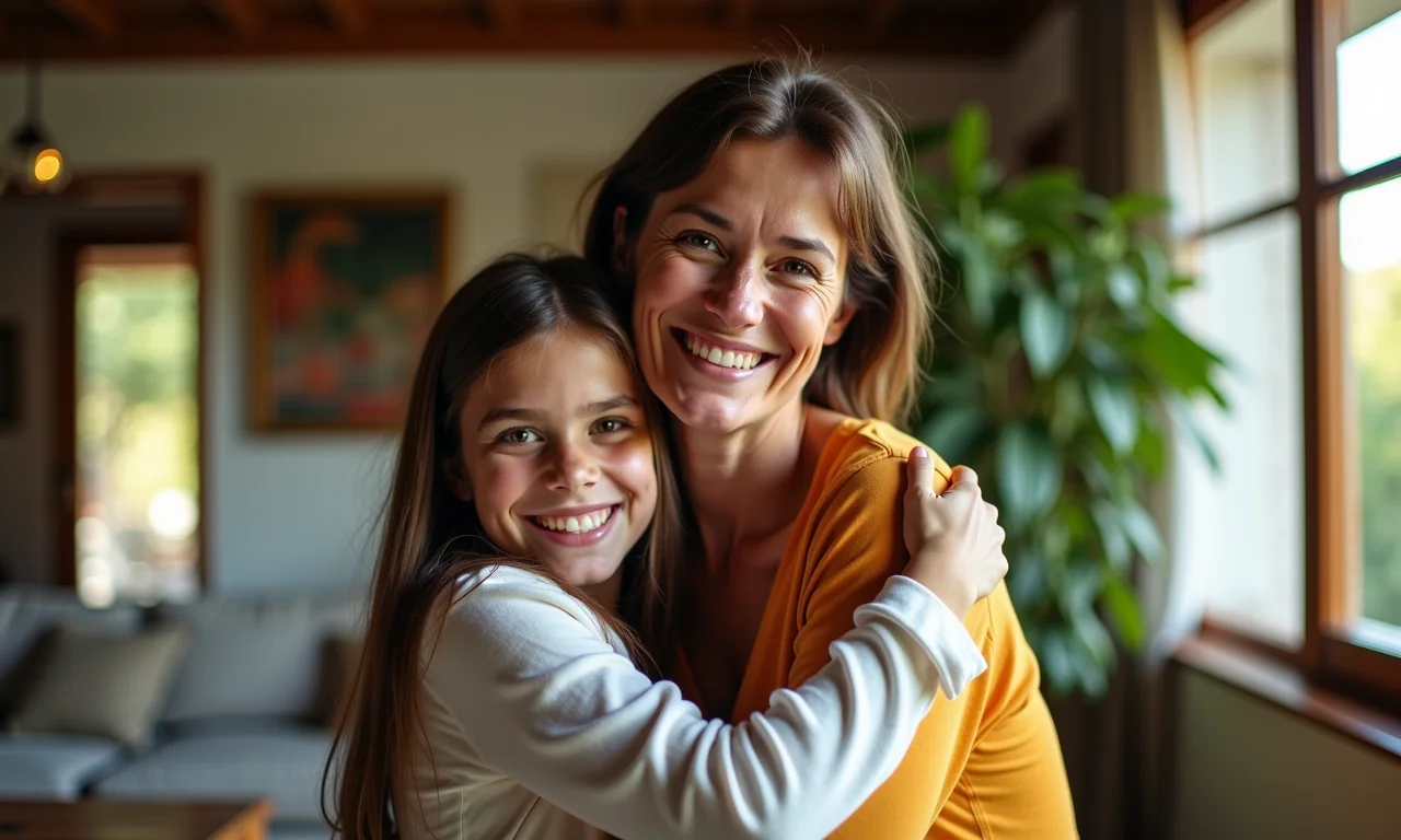 Mãe e filho adolescente se abraçando em casa, demonstrando carinho e conexão.