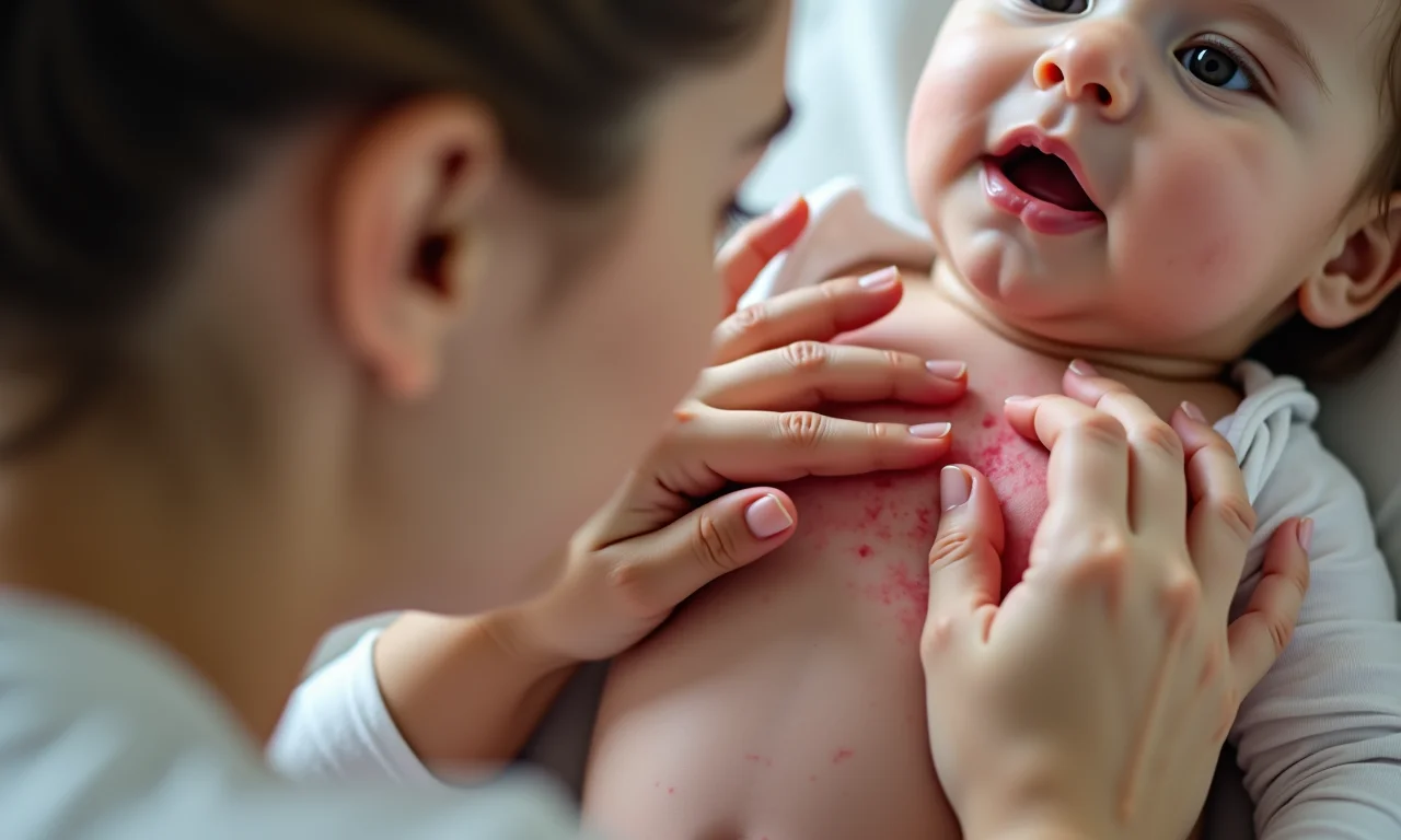 Mãe examinando pele de bebê.