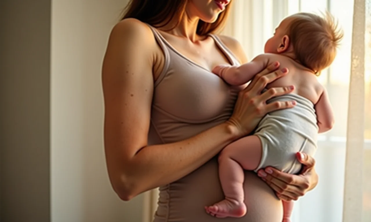 Mãe no pós-parto usando cinta modeladora.
