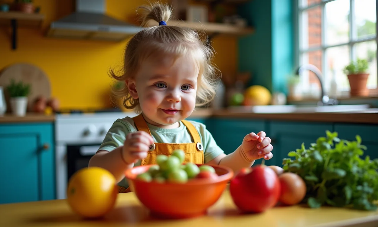 Mãe preparando comida saudável para bebê.