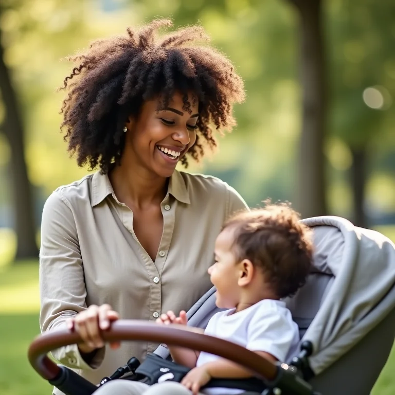 Mãe sorrindo para seu bebê no carrinho