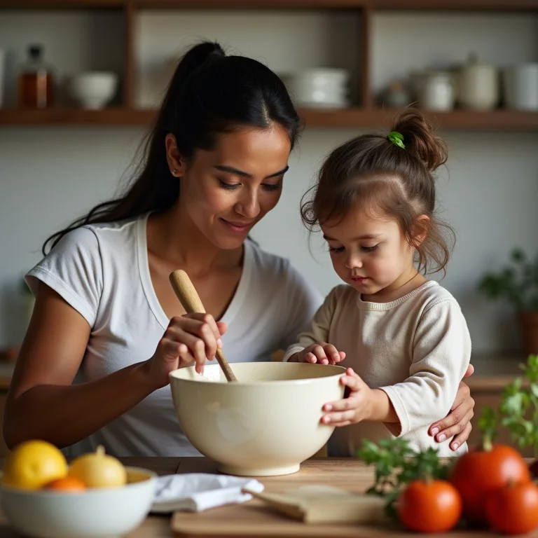 Mãe supervisionando criança na cozinha