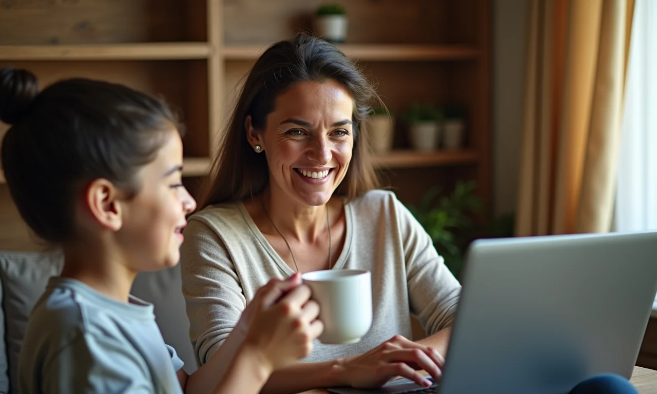 Mãe trabalhando em casa enquanto seu filho adolescente a ajuda, mostrando a conciliação entre trabalho e família.