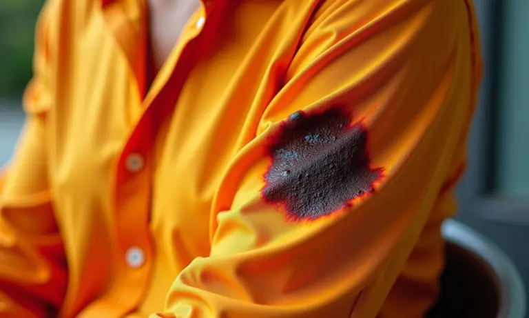 Mancha de ferrugem visível em uma camisa colorida.