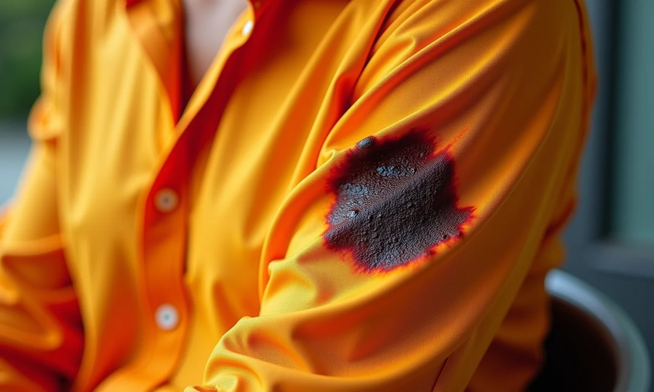 Mancha de ferrugem visível em uma camisa colorida.