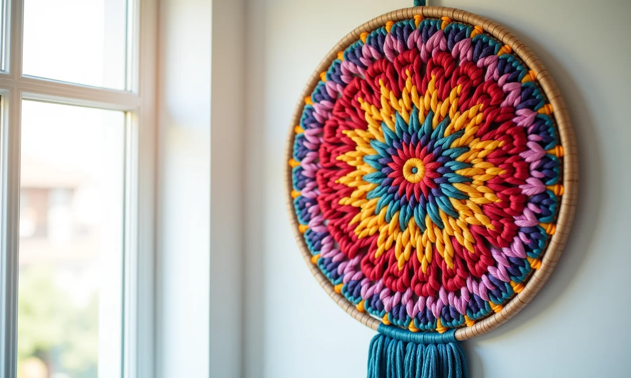 Mandala de barbante colorida na parede.