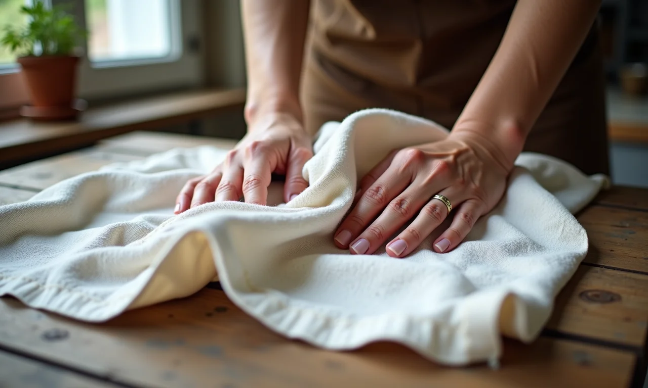 Mão alisando lenço de linho com toalha úmida.