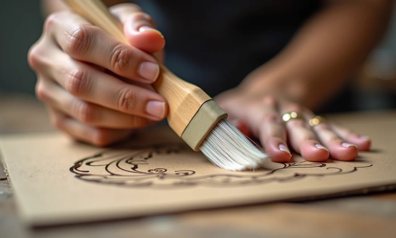 Mão aplicando cola com pincel de espuma em papelão para cartonagem.