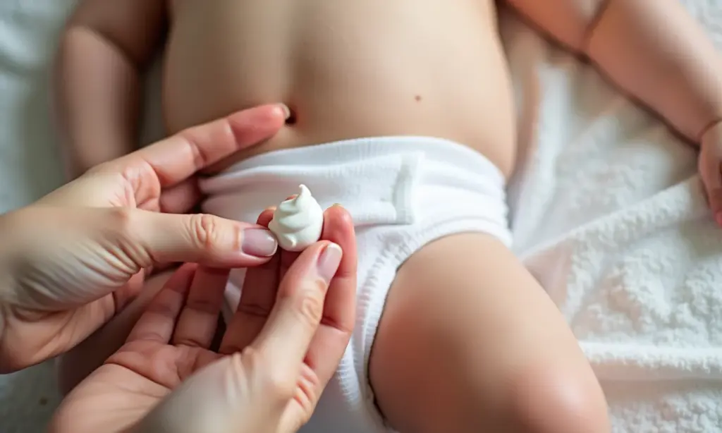 Mão aplicando pomada para assadura em bebê.
