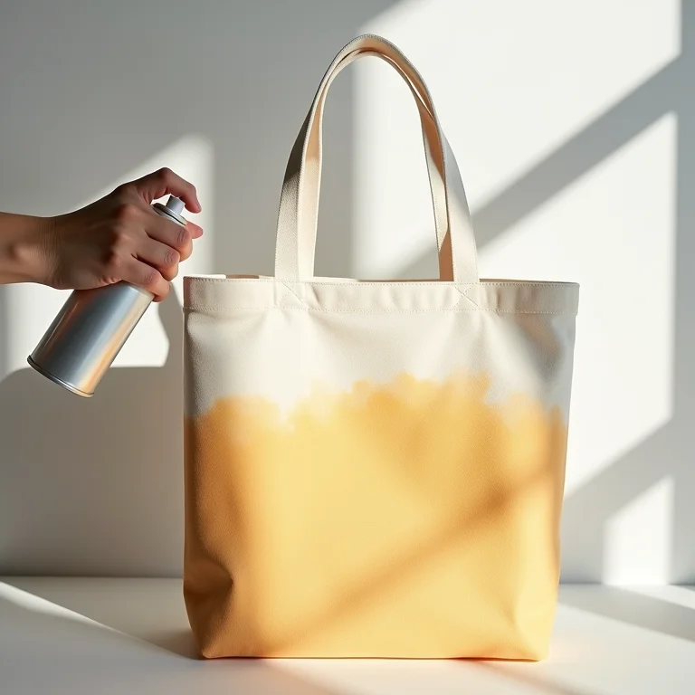 Mão aplicando tinta spray em bolsa de tecido.