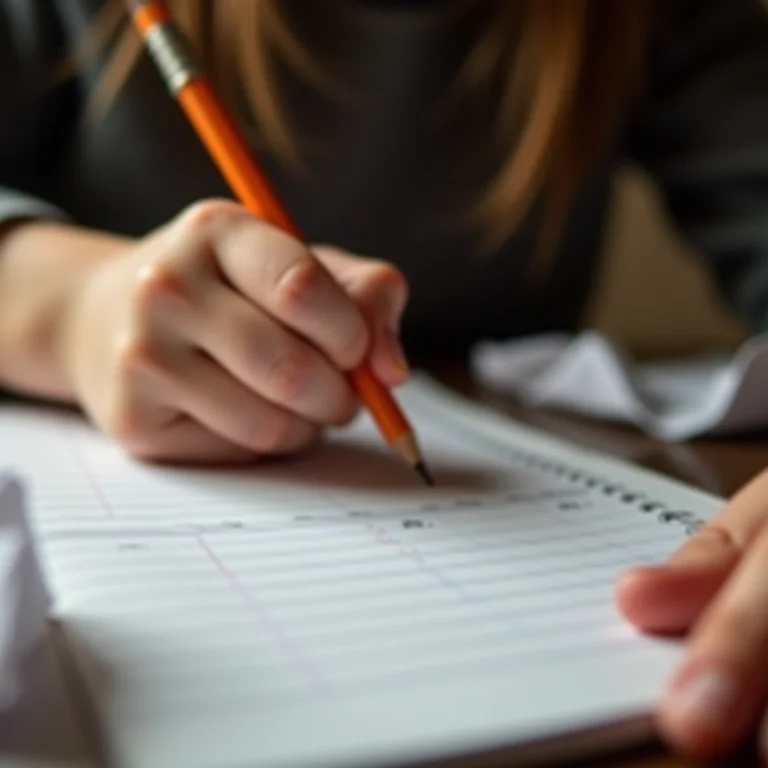 Mão de criança segurando um lápis com força, com papéis amassados ao redor, simbolizando problemas com a escrita.