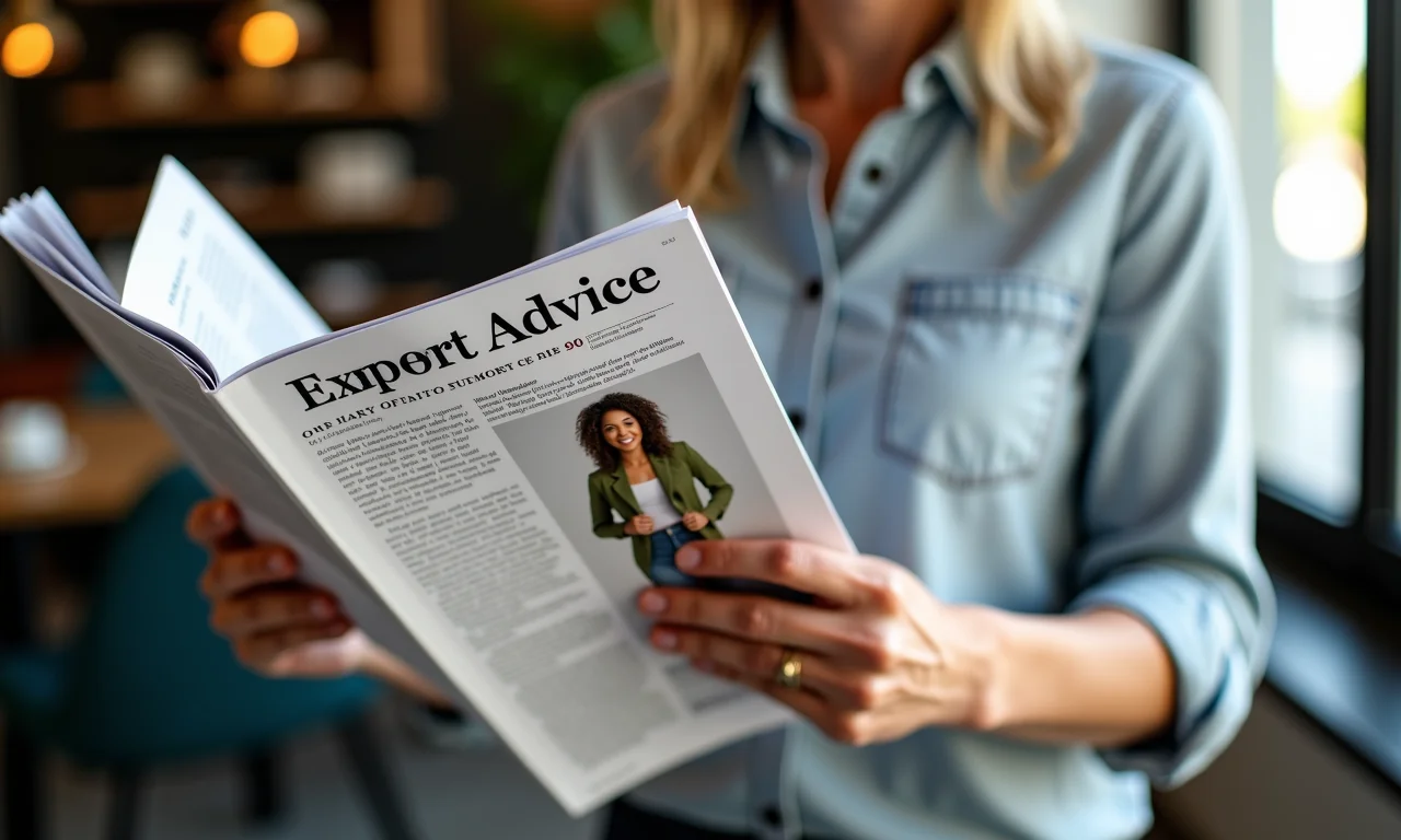 Mão de mulher (40+) segurando revista de moda com dicas de estilo.