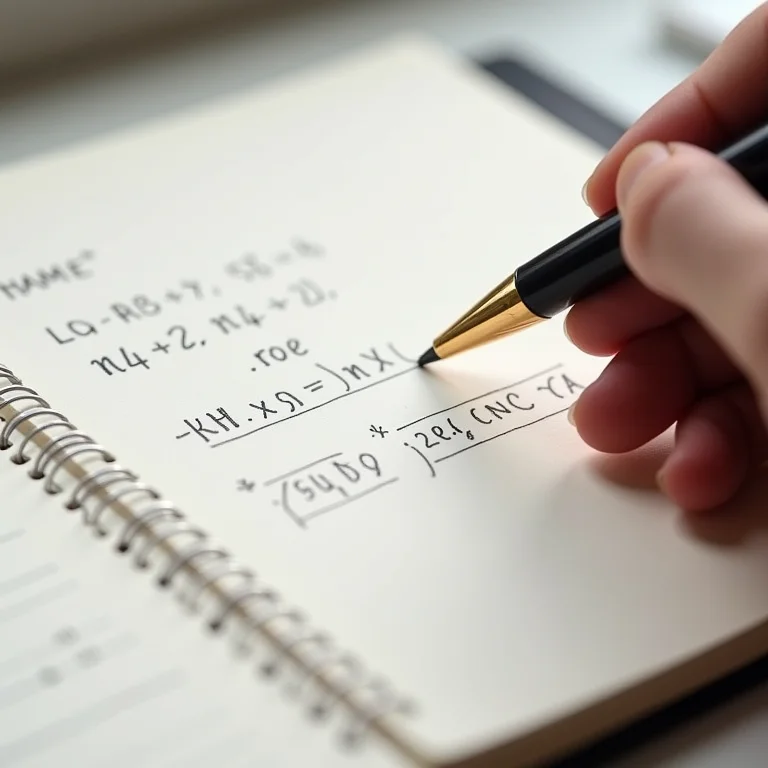 Mão escrevendo cálculos de numerologia em caderno