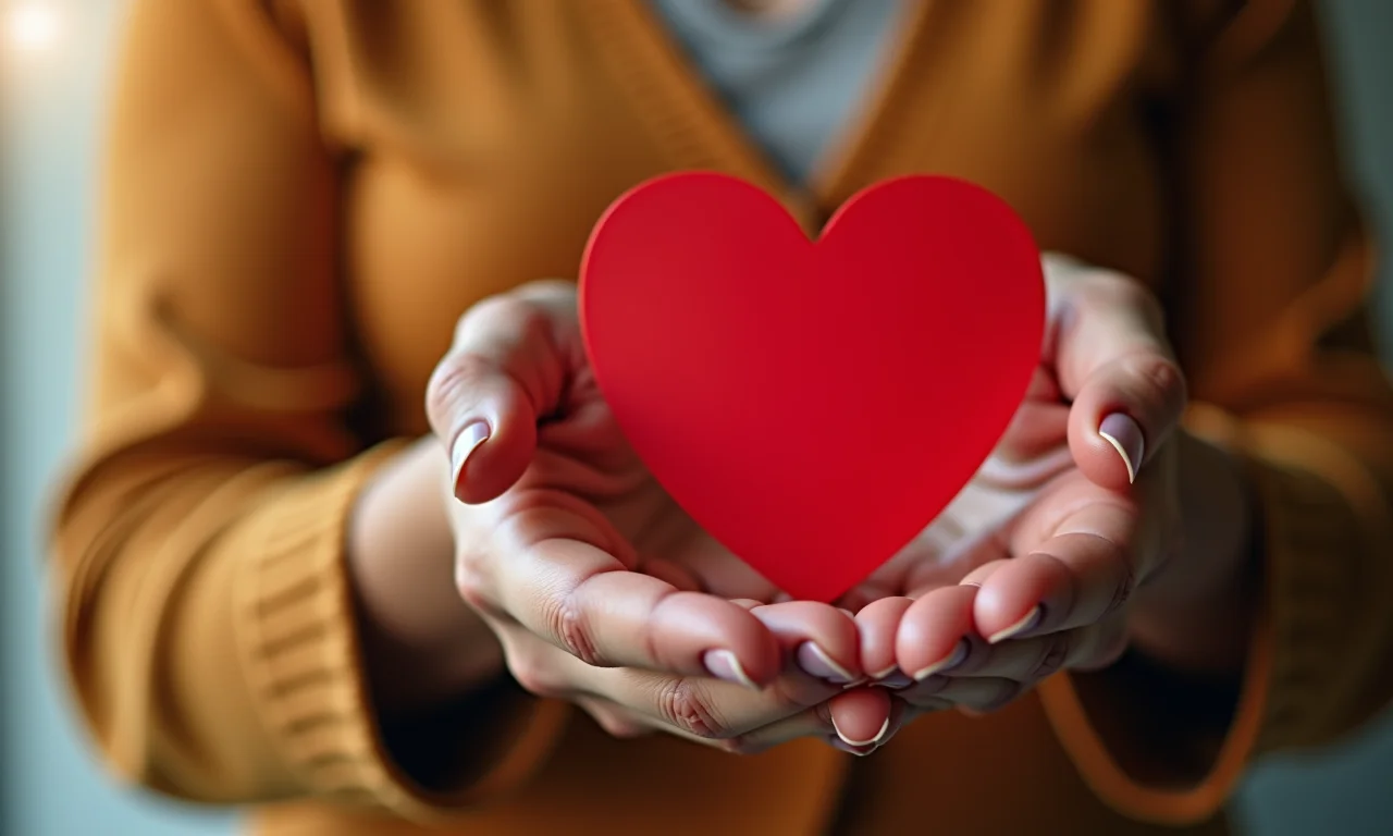 Mão feminina segurando um coração vermelho, representando a saúde cardiovascular.