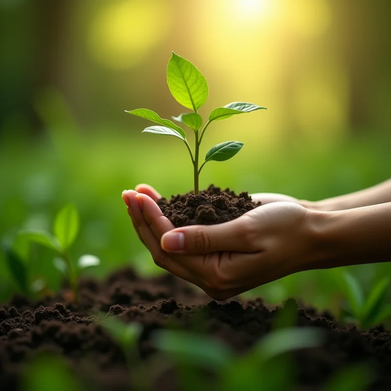 Mão plantando semente digital em jardim virtual