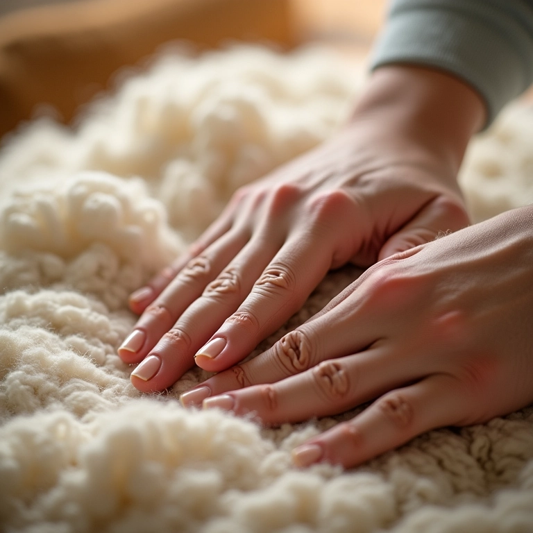 Mão tocando cobertor de lã macio e quentinho.