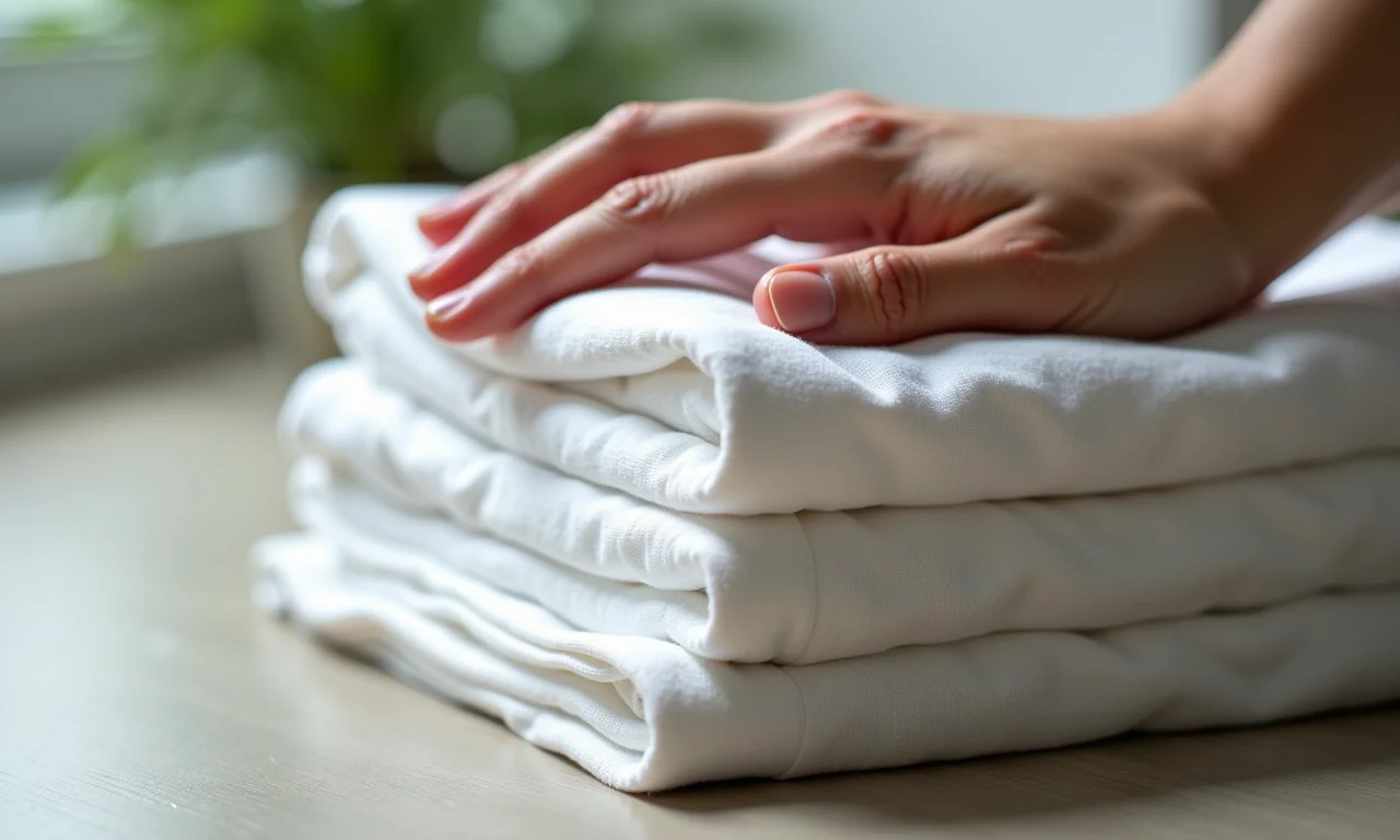 Mão tocando suavemente em roupas de modal.