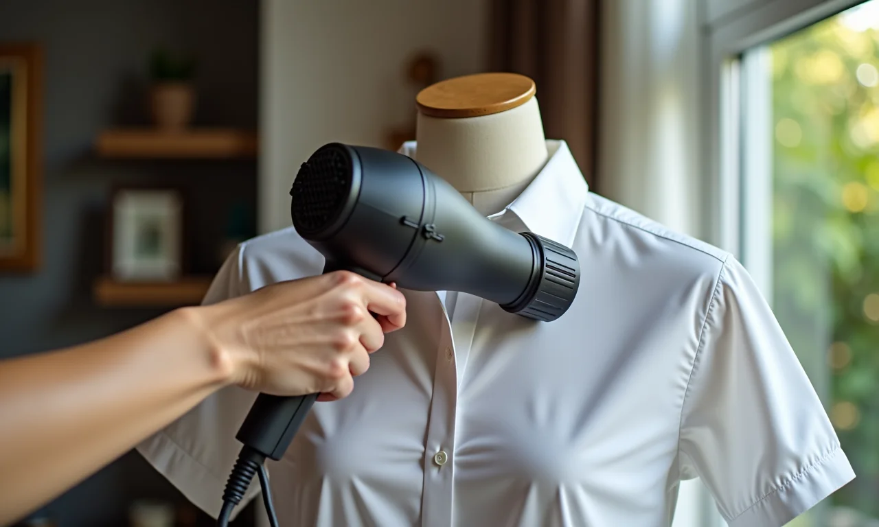 Mão usando secador de cabelo para alisar gola de camisa.