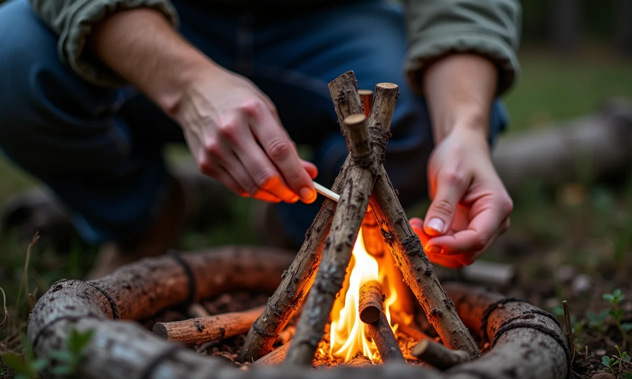 Mãos acendendo uma fogueira usando gravetos e um fósforo.