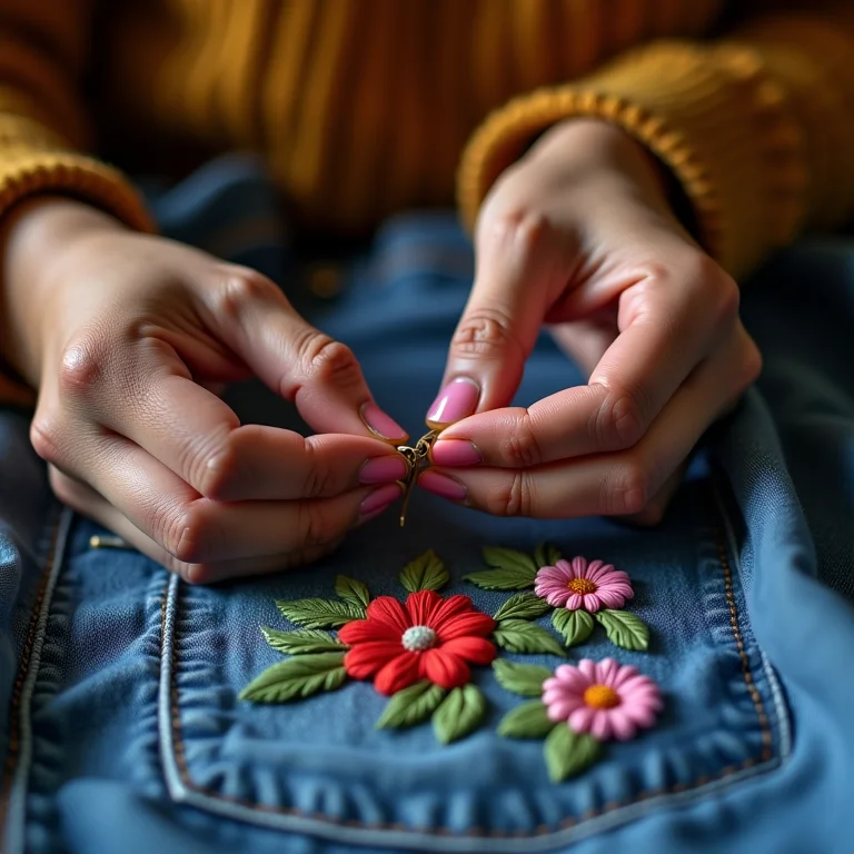 Mãos bordando um desenho floral em jeans