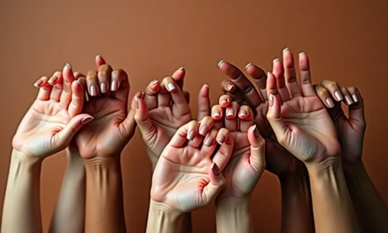 Mãos com diferentes tons de esmalte marrom.