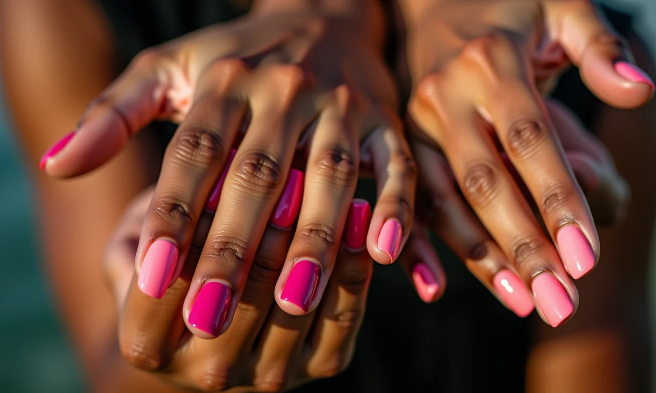 Mãos com diferentes tons de esmalte vibrantes.