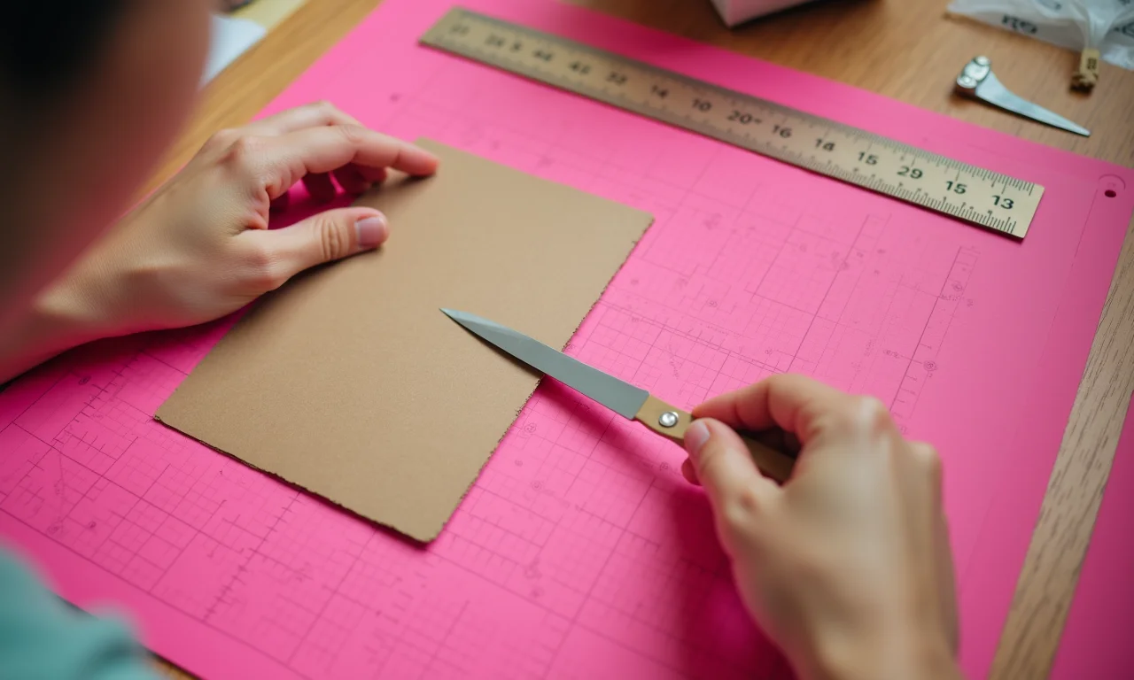 Mãos cortando papelão Horlle com estilete em base de corte rosa.