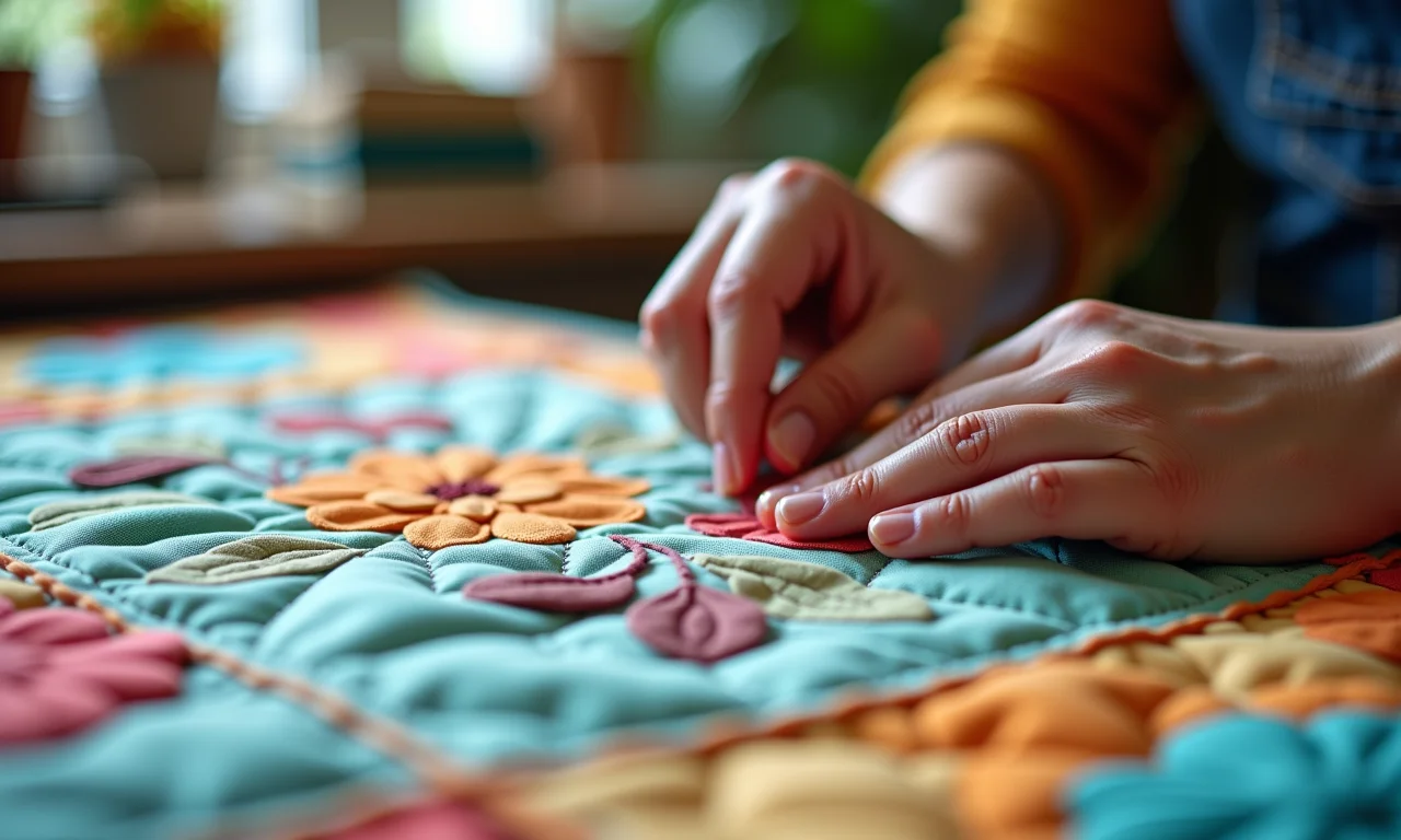 Mãos costurando colcha de retalhos com tecidos de alta qualidade.