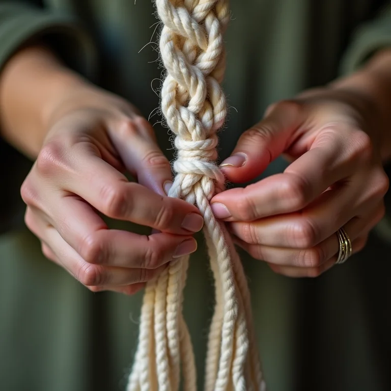 Mãos criando nós detalhados em projeto de macramê