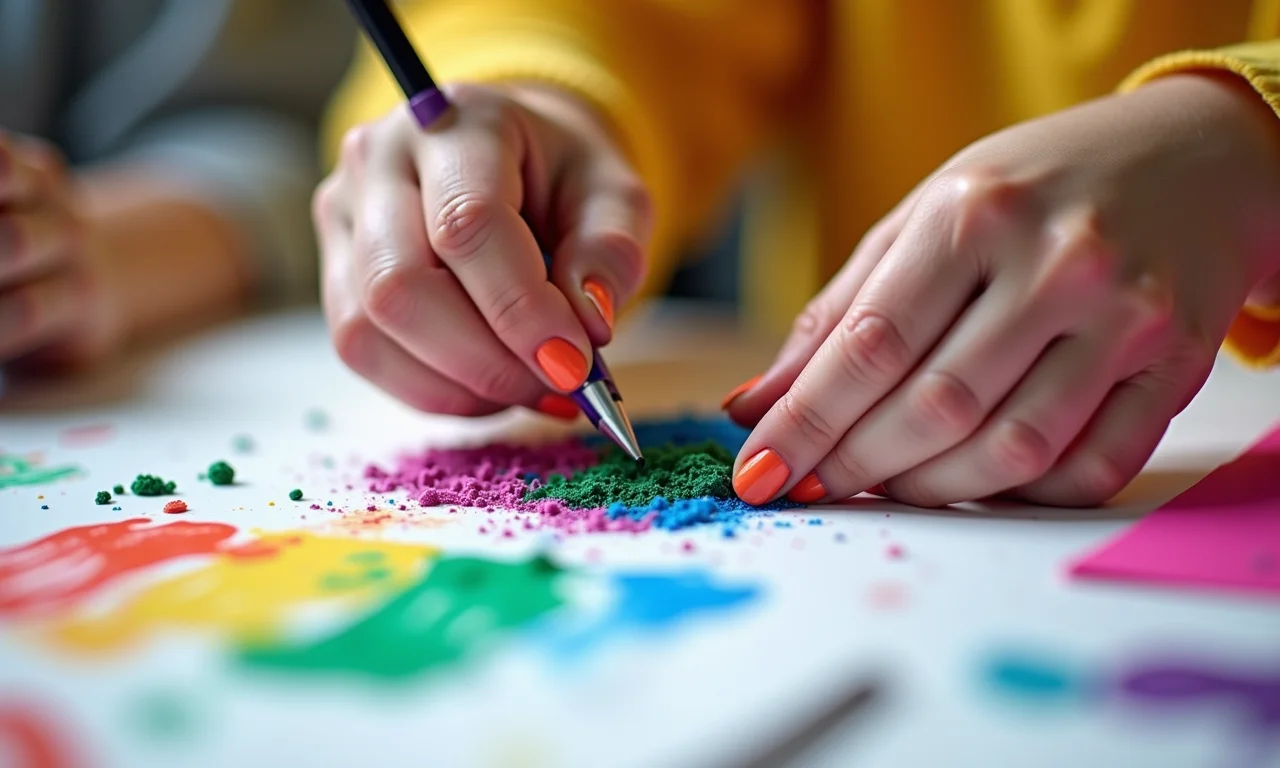 Mãos criando projetos de artesanato coloridos em um workshop infantil de férias.