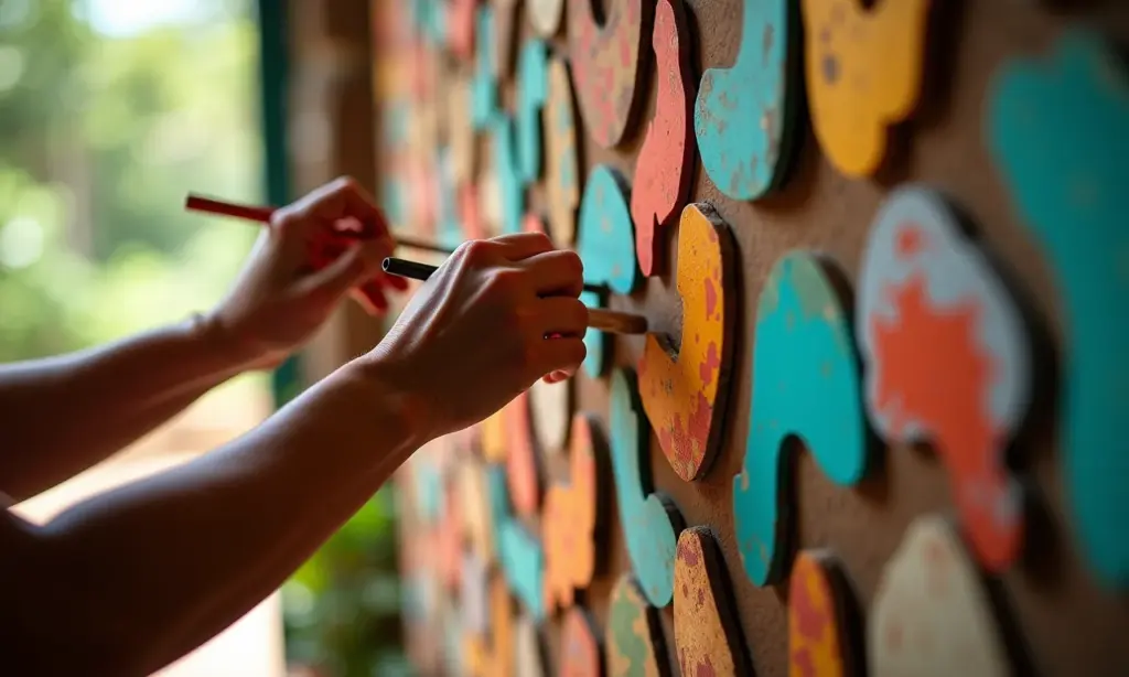 Paredes com Personalidade: Crie Quadros Decorativos Artesanais Únicos Mãos criando quadros decorativos artesanais coloridos.