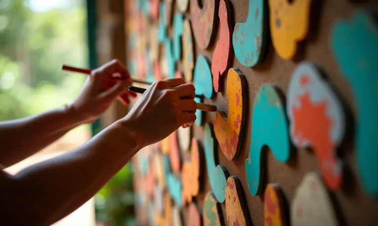 Mãos criando quadros decorativos artesanais coloridos.
