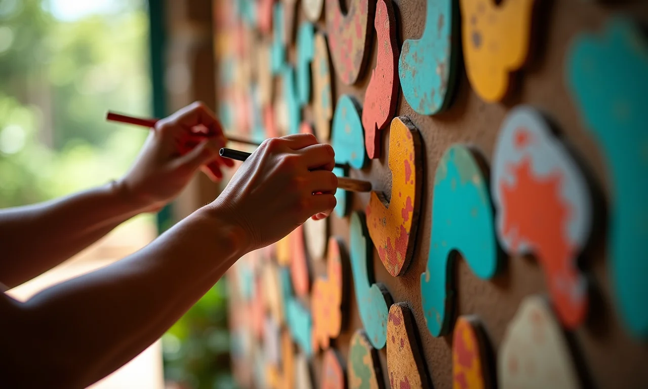 Mãos criando quadros decorativos artesanais coloridos.