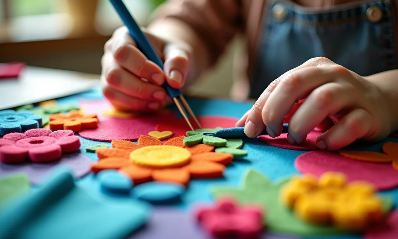 Mãos criando um livro sensorial de feltro colorido para bebês.