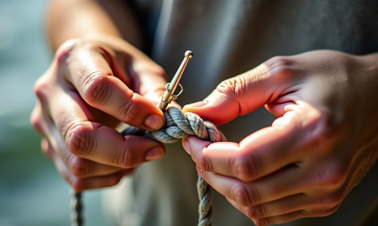 Mãos crocheando fio náutico com tensão controlada.