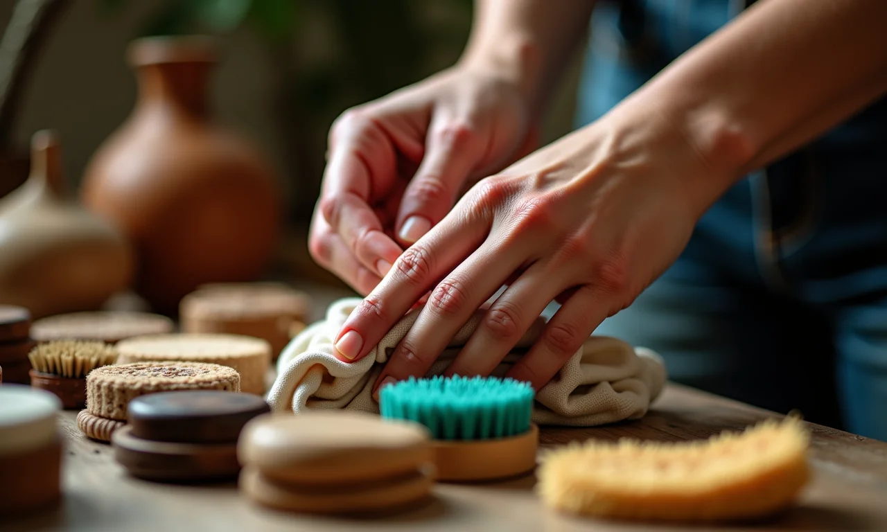 Mãos cuidando de artesanato diverso com carinho.