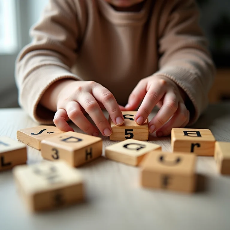 Mãos de criança tentando montar blocos de alfabeto.