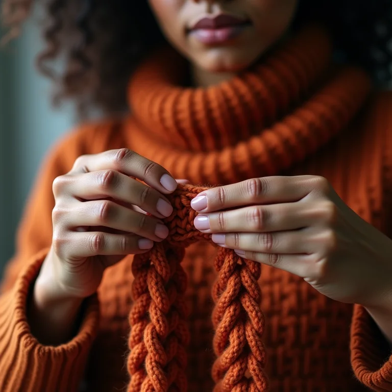 Mãos de uma mulher negra fazendo uma correntinha de crochê.
